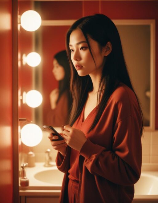 35mm film photography, An Asian woman with long straight black hair, dressed in a casual outfit, standing in front of a mirror in a dimly lit bathroom, looking contemplative while holding a phone, with soft lighting illuminating her face., high detail, redscale, red light leaks, warm, bright sunlight
Измена мужа