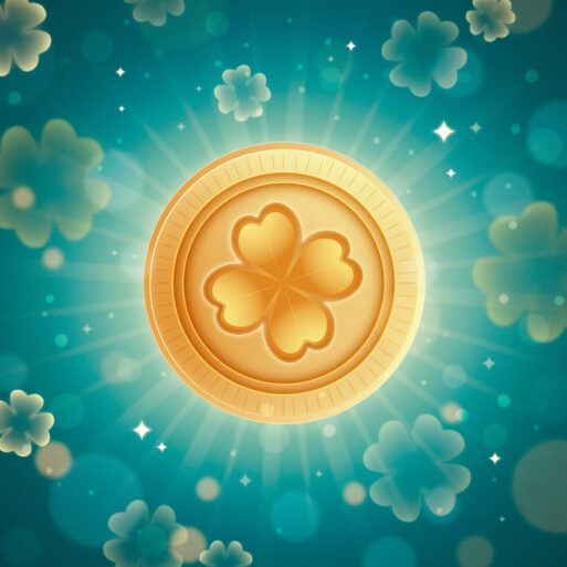 Отмечены клеймом богатства: Золотая монета с изображением четырехлистного клевера на фоне сияющих клеверных листьев.