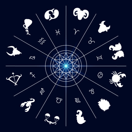 Зодиакальный круг с символами всех 12 знаков зодиака, включая 3 знака зодиака у которых высокая родовая защита на темном фоне