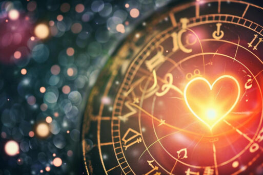 Светящийся сердечный символ на фоне астрологических знаков, представляющий гороскоп на выходные.
