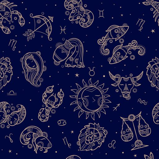 гороскоп на рабочую неделю. Синий фон с золотистыми иллюстрациями знаков зодиака, звезд и астрологических символов, включая изображения льва, рыб, близнецов и солнца.