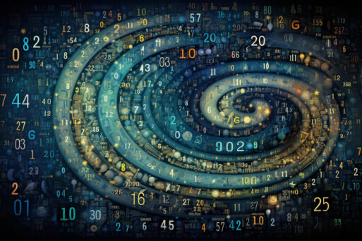 Изображение, иллюстрирующее нумерологический прогноз на апрель, с завихрением чисел на фоне космического пространства.