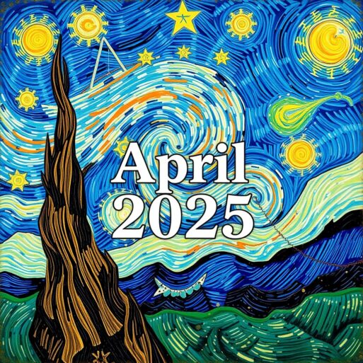 Финансовый гороскоп на апрель. Абстрактная картина в стиле Ван Гога с яркими звездами и swirling sky, на фоне которой написано 'April 2025