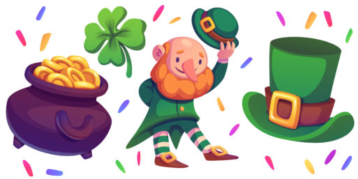 Лепрекон с горшком золота и четырехлистным клевером для удачи